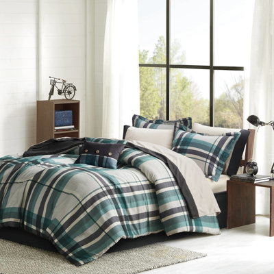 Ensemble de literie 7 pièces (couette et drap-housse) en microfibre à carreaux turquoise/noir, taille Twin XL - Design classique, coordonné, doux pour la peau, étiqueté, comprenant couette, taies d'oreiller, oreiller, drap plat et taies d'oreiller-housses.