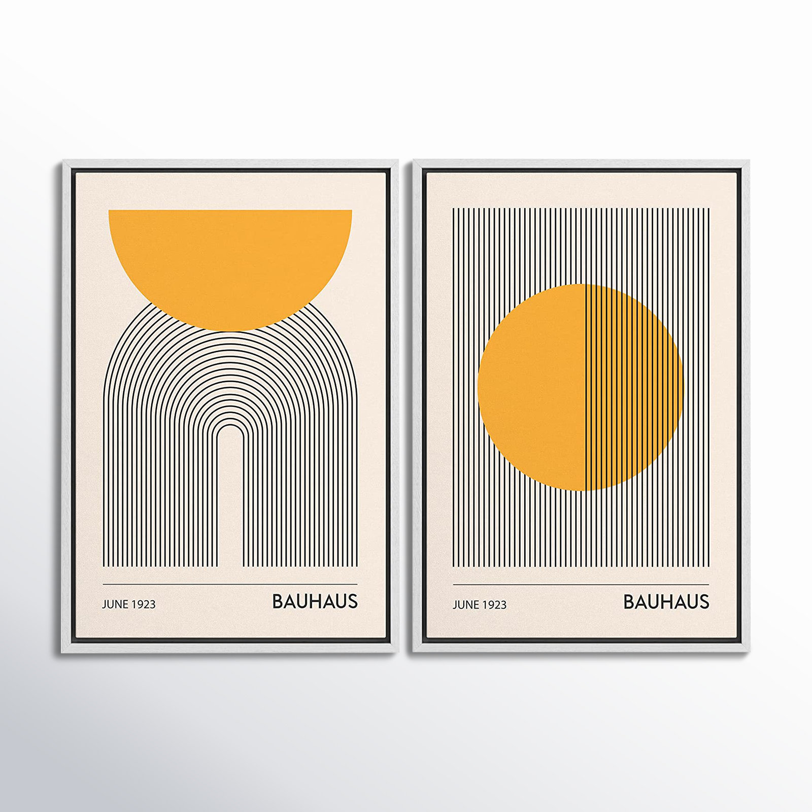 Mid Century Modern Boho "Bauhaus Sun" 2-Piece Set, 24" H x 32" W, White Floater Framed