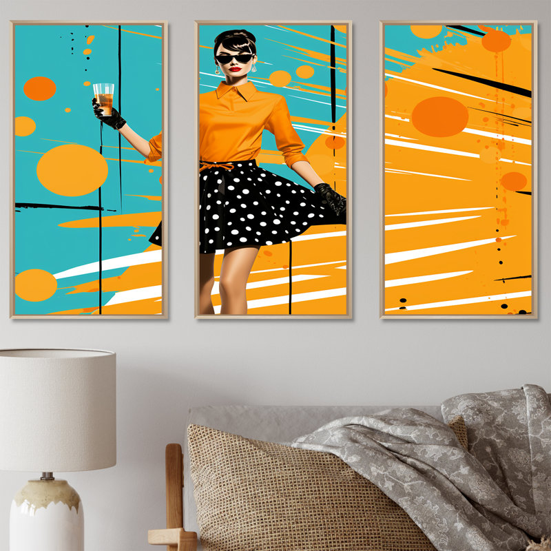 «Orange Midcentry Woman Insta Pose», art mural ballet, H 40 po x l 60 po, Cadre flottant brun