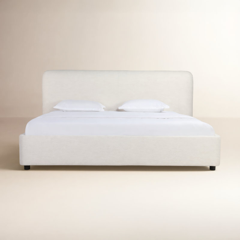 Crosby Upholstered Low Profile Platform Bed, King, Beige Basketweave