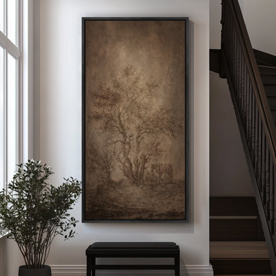 Vintage Sepia Countryside Tree & Cottage Scene – Large Framed Canvas Master Bedroom Wall Art Print