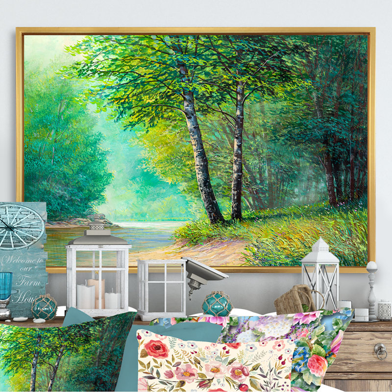 «River Through The Birch Tree Forest IV», reproduction sur toile flottante, H 8 po x l 12 po x P 1 po, Cadre flottant doré
