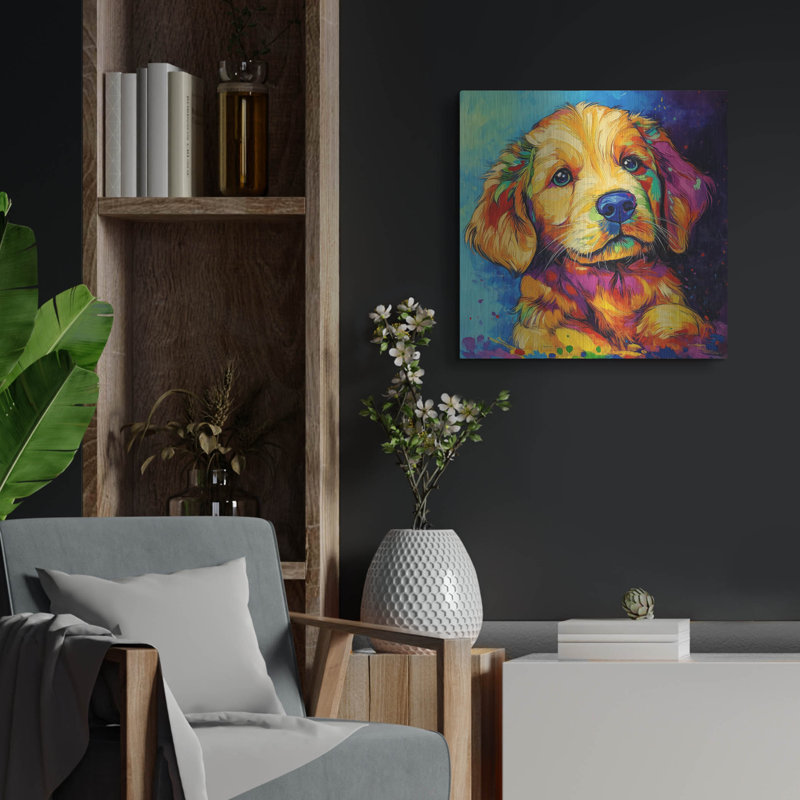  «Wouf Golden Retriever» par Rich Monet, art mural en métal, 24 po x 24 po, H 24 po x l 24 po