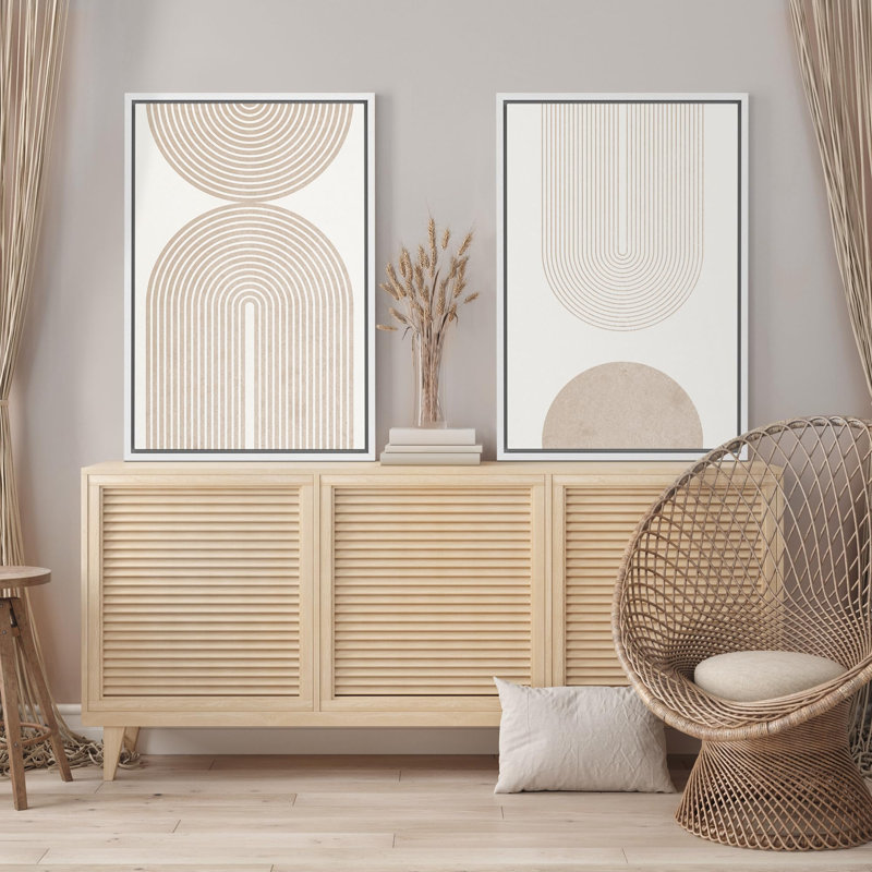Formes abstraites géométriques en spirale géométriques beiges et blanches minimalistes, 2 pièces, H 24 po x l 16 po, Blanc