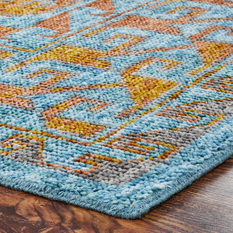 Tribal Elegance Orange/Rust/Grey Hand-Knotted Wool Area Rug, Rectangle 12' x 15', Blue