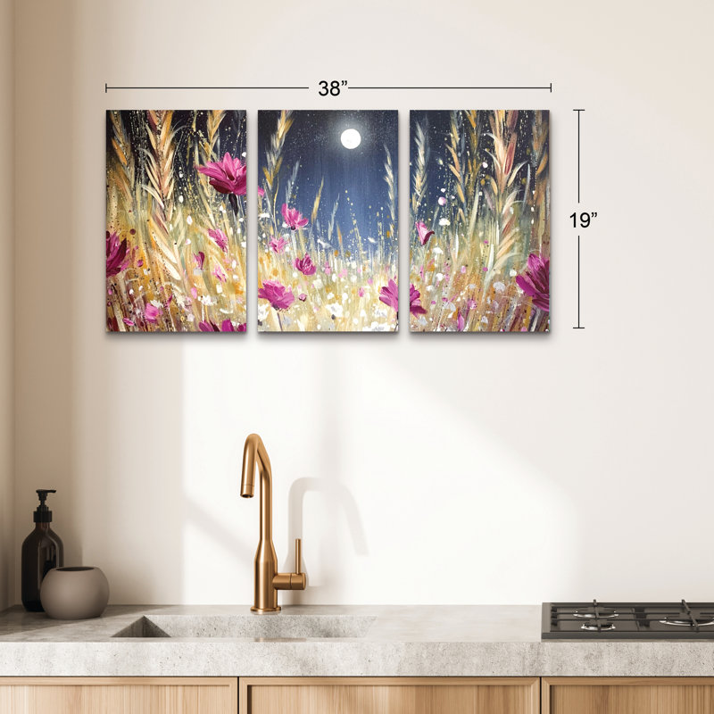 Ensemble de 3 panneaux muraux - Jennifer Taylor Art «Moon Meadow No 1», art mural sur toile pour le salon, la chambre à coucher ou le bureau 