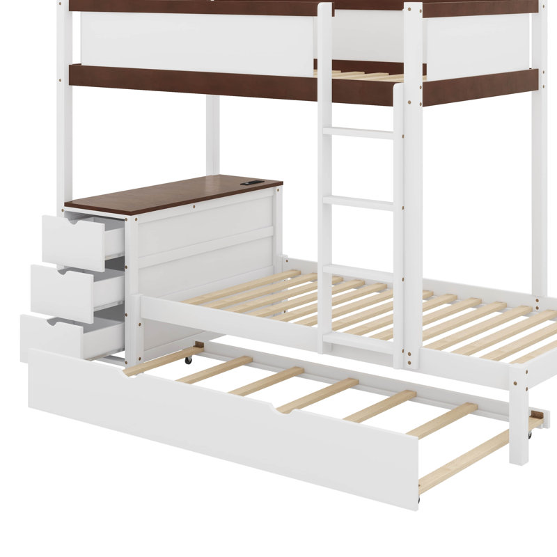 Twin Over Twin Bunk Bed With Trundle And Desk, White/Walnut