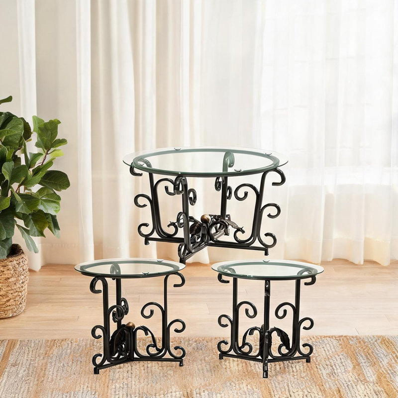 Ensemble de tables basses modernes avec 2 tables de bout pour petits salons, plateau en verre trempé sur structure en acier noir mat, design carré compact pour les appartements