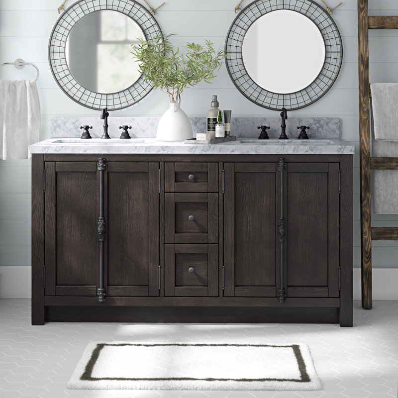 Ensemble de meuble-lavabo double 55 po Keesha, Marbre blanc, Brun cendré, Chrome
