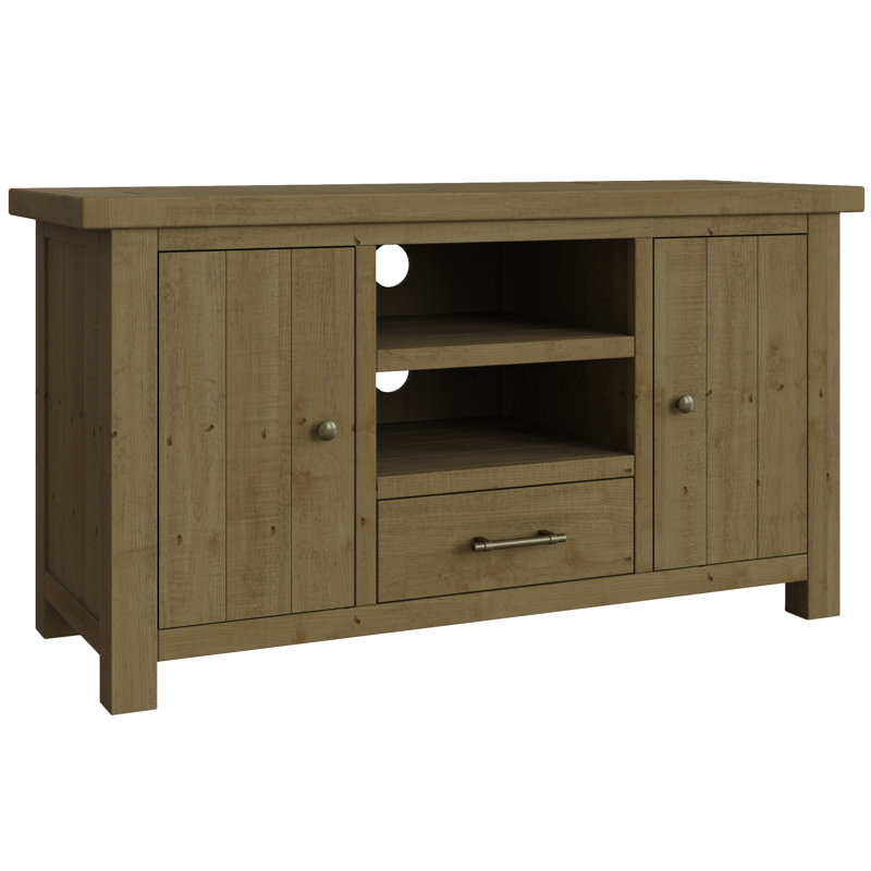 Almerton 2 Door 1 Drawer Large TV Cabinet Stand Unit – Solid Reclaimed Natural Pine. For Up To 50 Inch TVs. Fully Assembled.