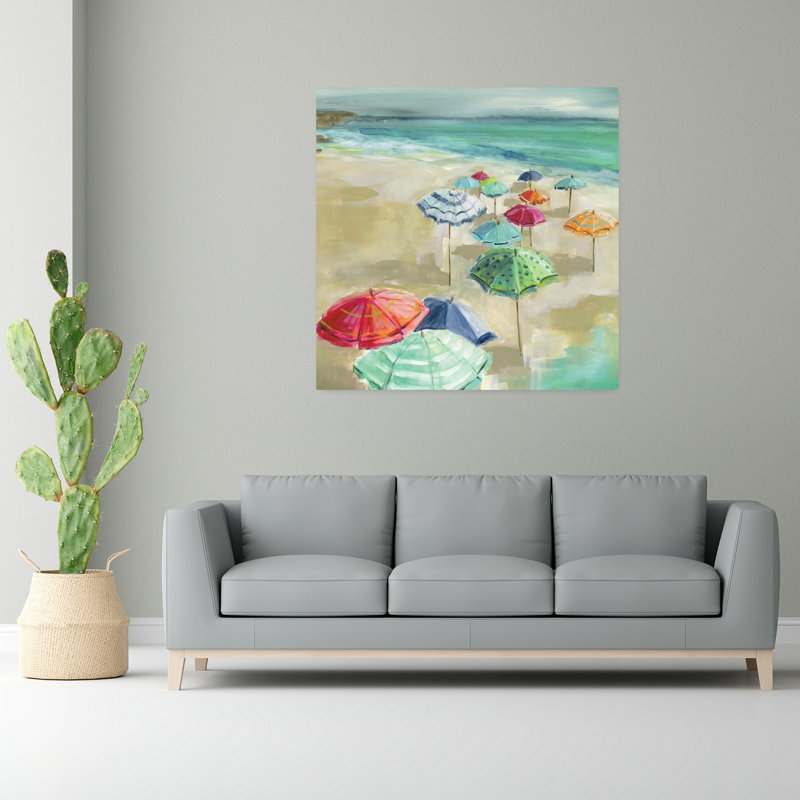 «Umbrella Beach I», art mural côtier serein contemporain coloré, H 48 po x l 48 po