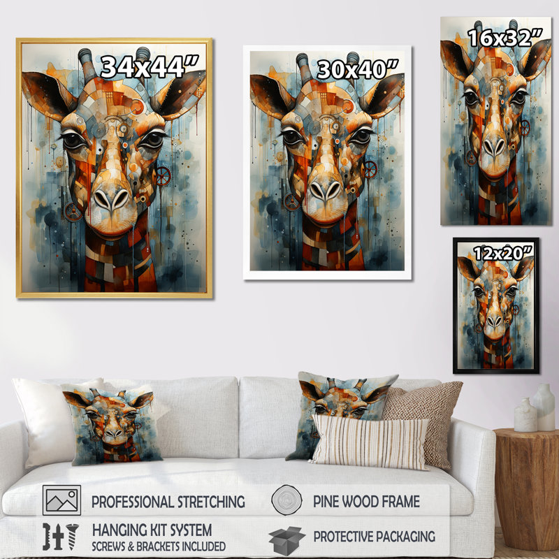 Portrait de girafe moderne - impression, Cadre flottant noir, H 32 po x l 16 po x P 1 po