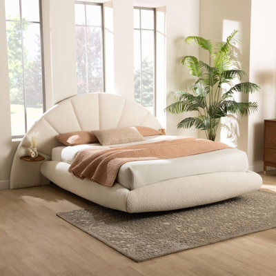 Baxton Studio Cherise Modern Cream Boucle Fabric Floating Bed With Built-In Shelves