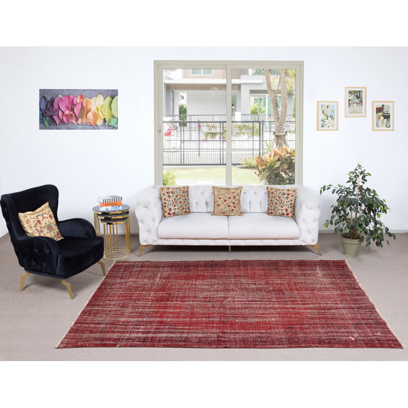 Tapis turc rétro en laine noué à la main de 6,2 x 9,5 pi de couleur rouge pour des intérieurs modernes