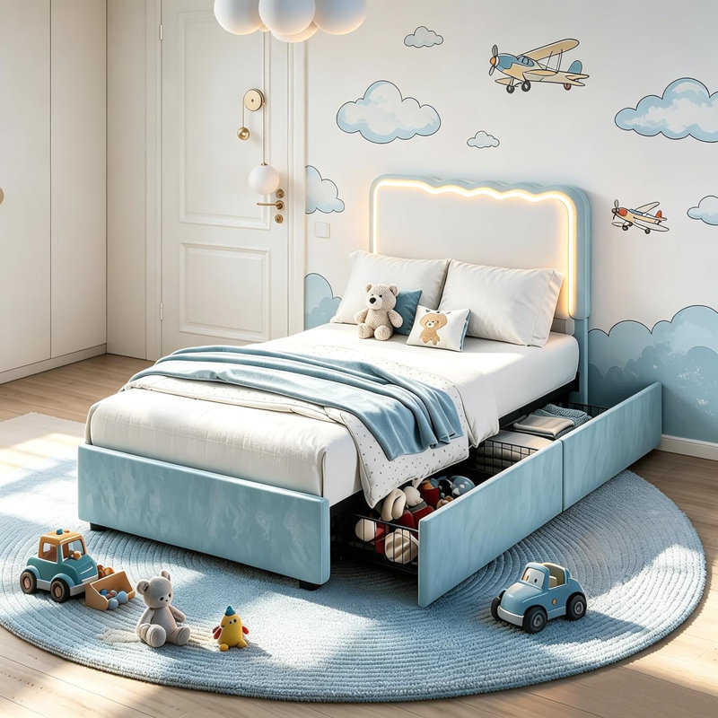 Bed Frame with LED Lights, Irregular Wave Upholstered Platform Bed with 2 Storage Drawers, Lit simple, Blue