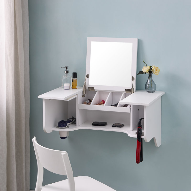 Rebord mural blanc avec miroir de coiffeuse blanc - Design transitionnel Rangez vos bijoux et vos outils de coiffage de manière pratique afin d'offrir un espace de rangement pour le maquillage et les accessoires pour les cheveux