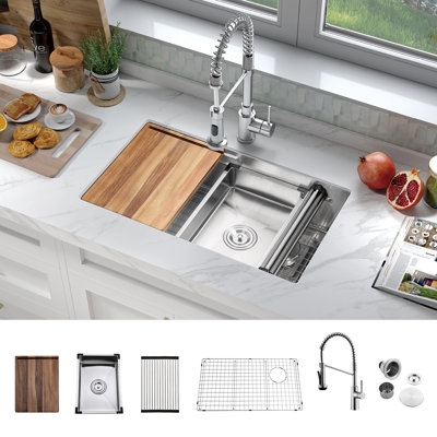 ATTOP 30 Inch Single bowl Workstation Undermount Kitchen Sink With Faucet and Sliding Accessories -  U-3019WS-FAUCET