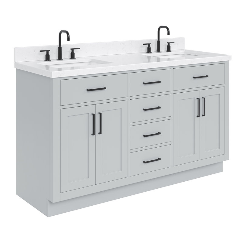 Thornaby  Solid Wood Double Bathroom Vanity with 1.5'' Carrara Quartz Top, Rectangular, Gray / Matte Black