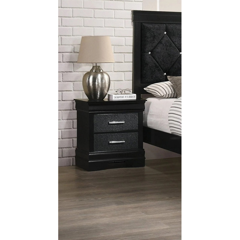 1Pc Modern Glam Style Two Drawers Nightstand Finish Solid Wood Crystal-Like Button Tufted, Black