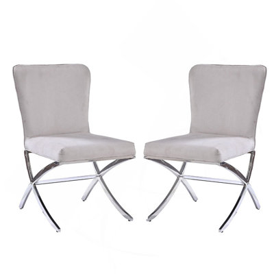 Set Of 2 Side Chairs With Velvet Padded Seat And Back, Grey And Chrome