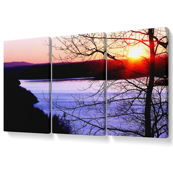 Union Rustic Blazing Red Sun Over The Winter Lake - 3 Piece Wrapped ...