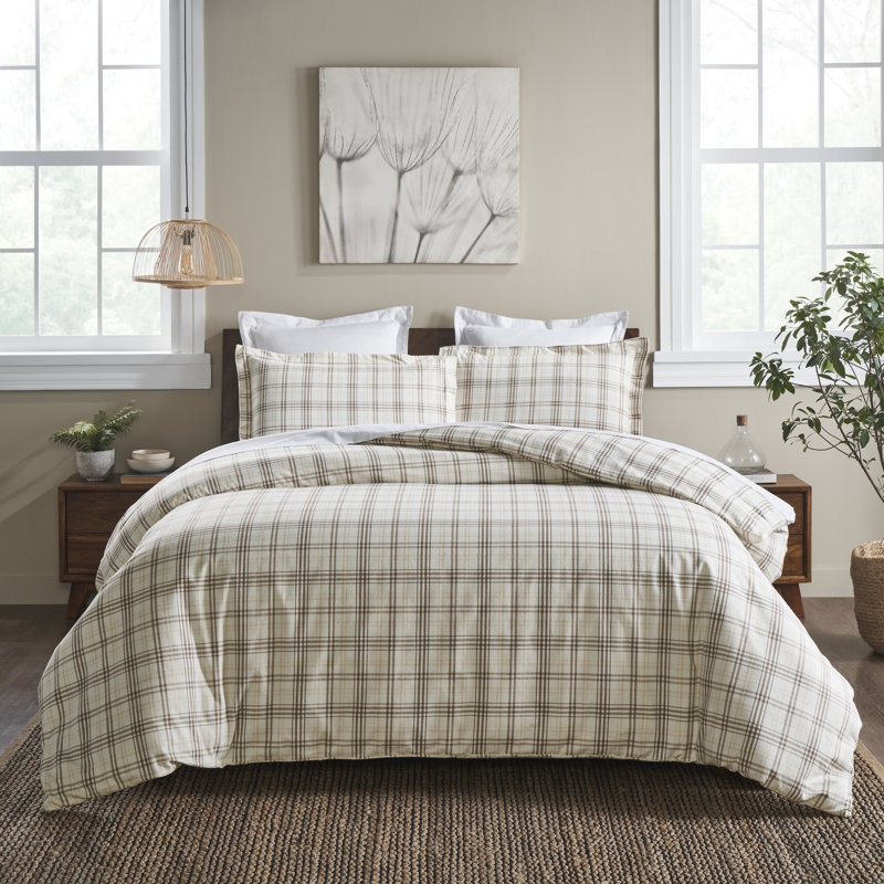Ensemble de housse de couette en flanelle de coton à carreaux, Housse de couette double / grand + 2 taies décora, Beige