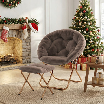 Chaise de soucoupe rembourrée avec repose-pieds, chaise pliante en fausse fourrure Papasan pour salon, chambre à coucher