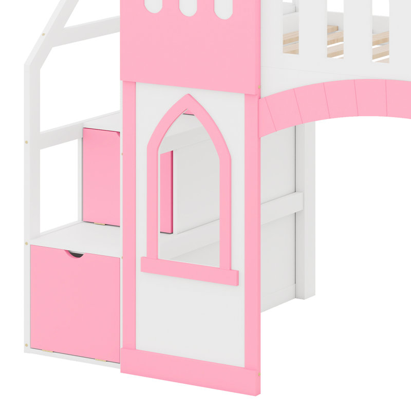 Wood Castle Bed Frame With  Storage Staircase, Windows And Guardrail, Pink