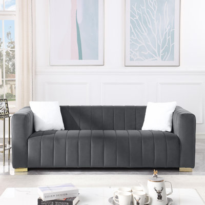 Clifford 87'' Luxury Velvet Sofa with 2 Pillows, Modern Channel-Tufted Couch with High-Density Foam Cushion for Living Room, Grey