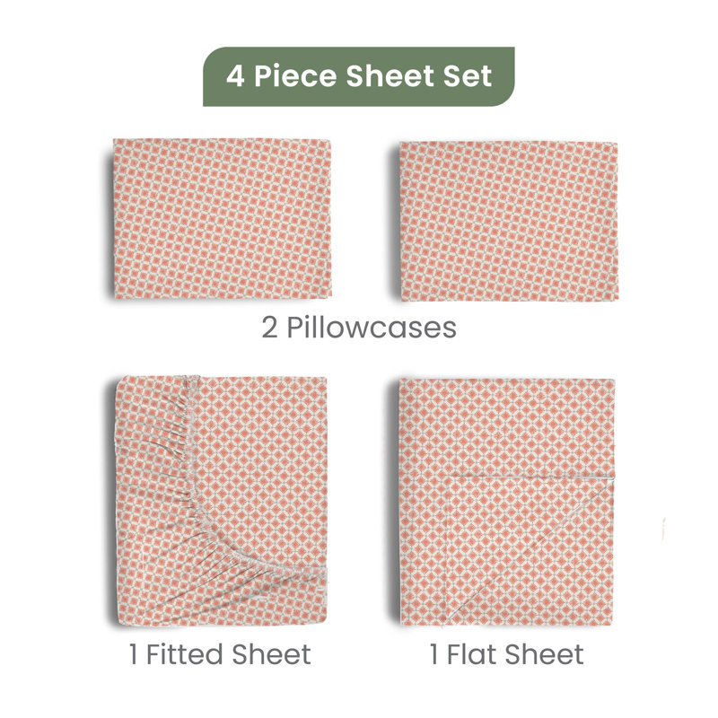 Comfort Wash 200 Thread Count Geometric 100% Cotton Percale Sheet Set, Orange, Queen