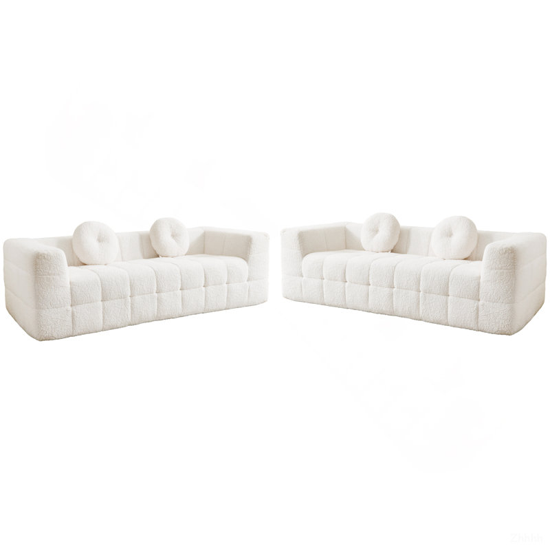 Canapé moderne sans os avec deux coussins décoratifs circulaires, tissu en polyester à poils longs texturé litchi doux pour la peau, canapé en mousse à carreaux