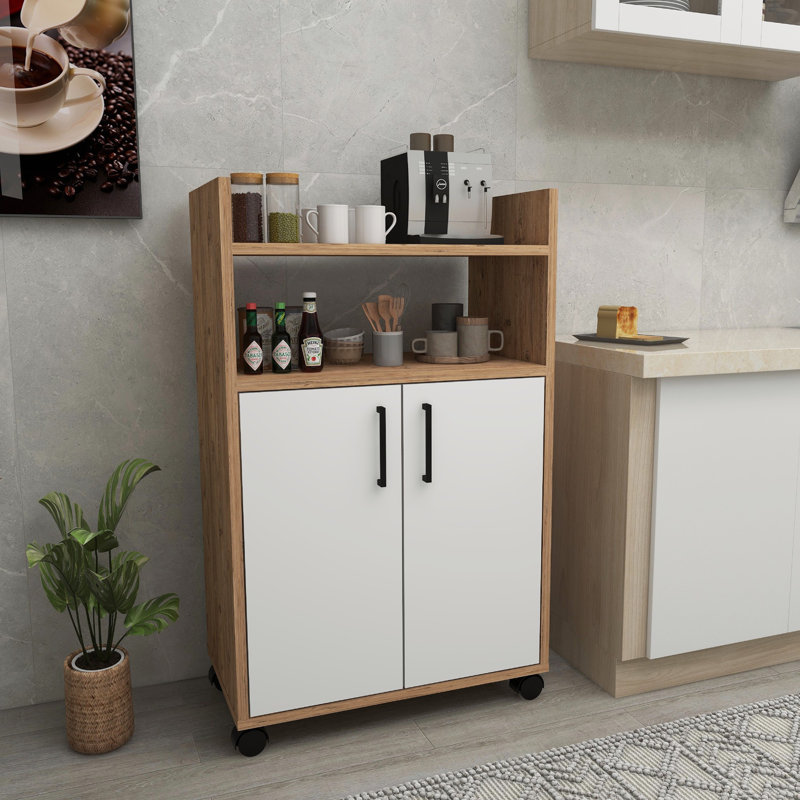Armoire polyvalente moderne, pin atlantique et blanc, 23,6 po x 38,3 po x 13,8 po | 100% panneau de particules enduit de mélamine, épaisseur: 0,7 pouce | Comprend des roulettes, du rangement supplémentaire et une fixation murale, idéale pour les espaces contemporains