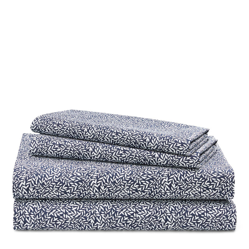 Spencer Leaf 230 Thread Count Cotton Sateen Sheet Set, King, Navy
