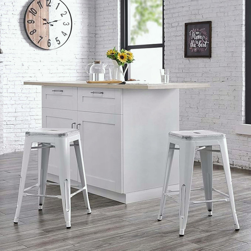 Set of 2 Backless Industrial Bar Stools – Distressed White – 24" Seat – Stackable, Counter Stool (24" Seat Height)