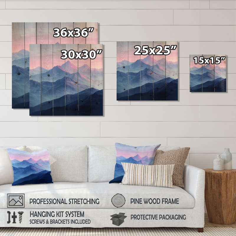 Purple Mountains In The Morning Light I - Landscape Mountains Wood Wall Art - On Natural Pine Wood, 15" H x 15" W x 0.78" D