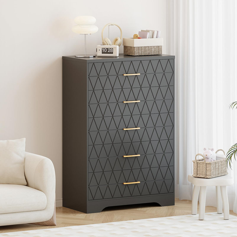 Tall Wooden 5 Drawer Dresser, Modern Chest with Gold Handles for Bedroom, Living Room, Hallway, Black