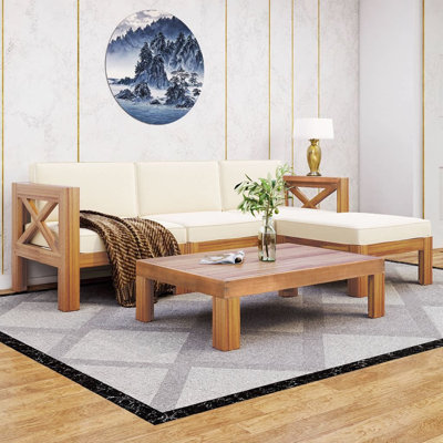 5-Piece Outdoor Acacia Wood Sectional Sofa Set | Modular Patio Seating Group with Corner Sofas, Armless Sofa, Ottoman & Coffee Table | X-Back Design with Water-Resistant Cushions