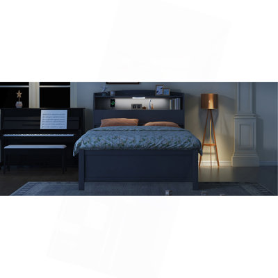 Wooden LED Platform Bed With Trundle, With Storage Headboard, With Drawers
