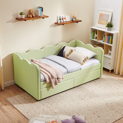 Twin Size Cozy Gingham Daybed With Two Storage Drawers, With USB Port And Adorable Wave Shaped, Linen Fabric