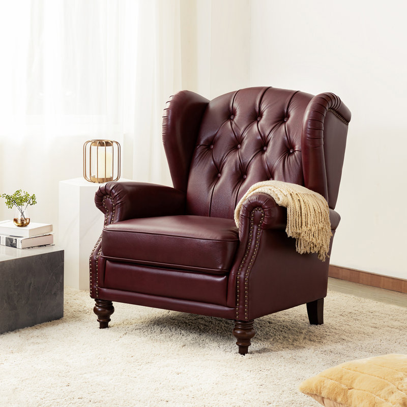 Amyri 33" Wide Genuine Leather Wingback Armchair with Button-Tufted, Burgundy Genuine Leather