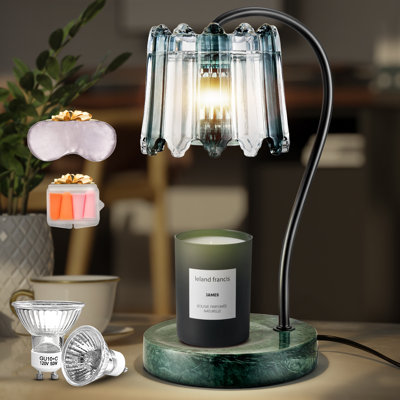 Lampe bougie chauffe-plat avec minuterie et gradateur - Base en marbre vert avec abat-jour en verre rétro.