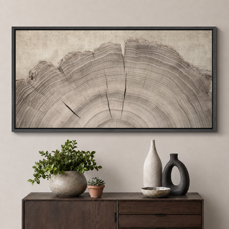 Grande impression sur toile encadrée - Anneaux d'arbre pour décoration intérieure moderne, Noir, H 30 po x l 60 po