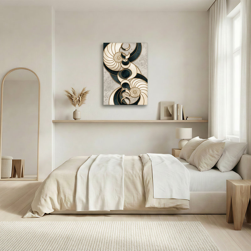 Art mural sur toile en spirale dorée et croissant de lune sur marbré bleu sarcelle et gris, H 30 po x l 20 po