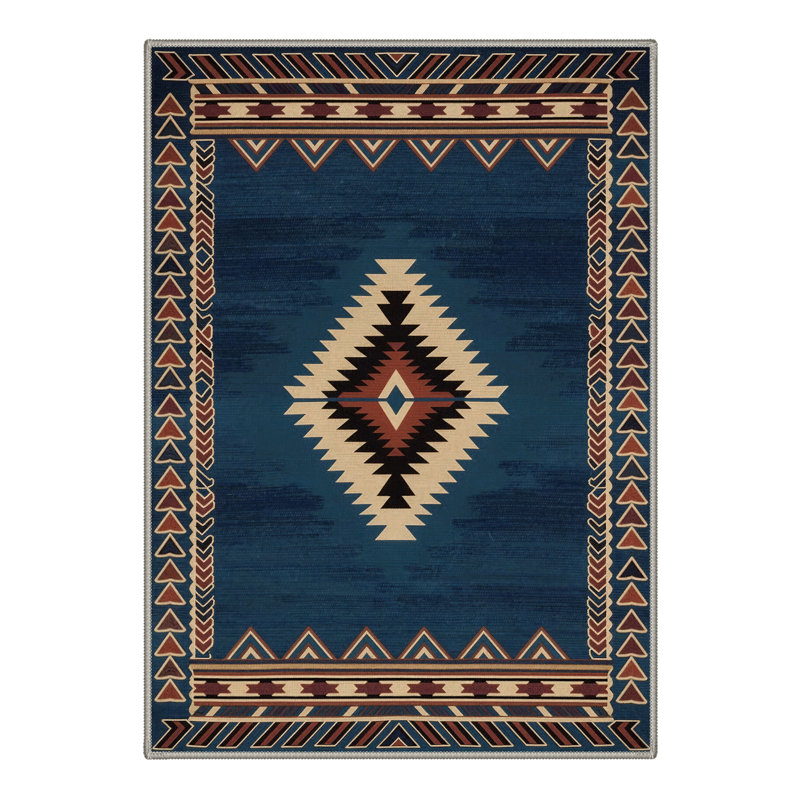Tapis géométrique bleu / brun lavable à la machine avec envers antidérapant Abrahamson Vega, Rond 60 po x 60 po
