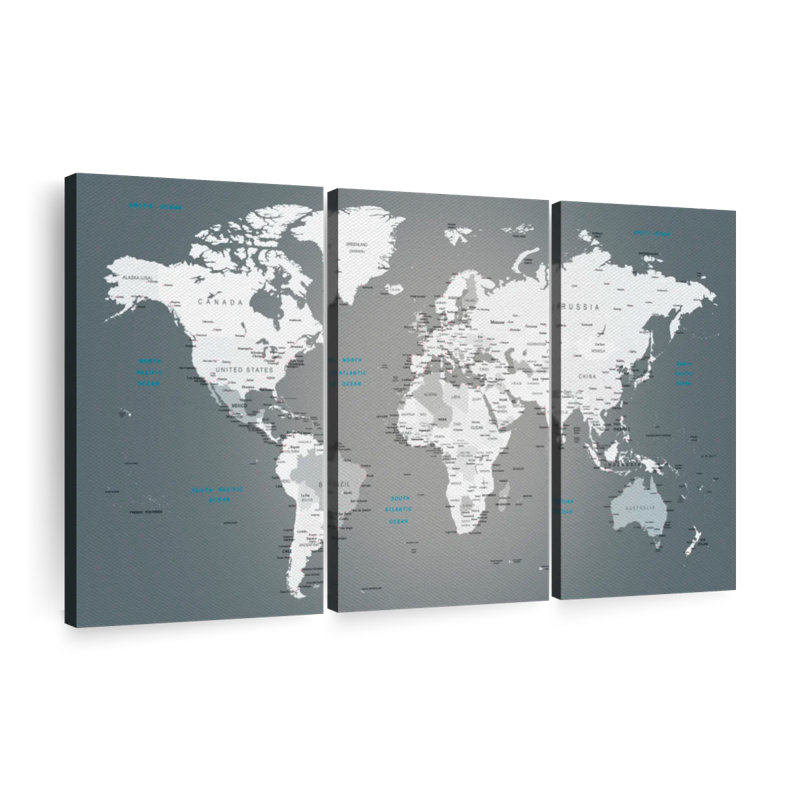 Ensemble de 3 pièces de carte du monde sur toile, H 74 po x l 48 po x P 1,25 po