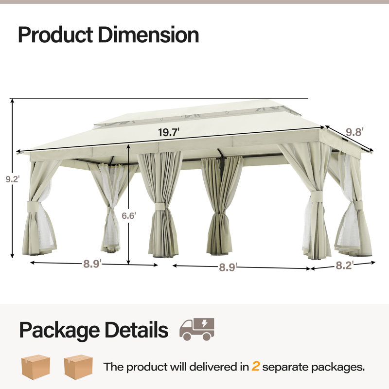 Creamy White Steel Patio Gazebo with Mosquito Netting and Curtains