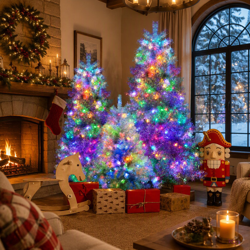 Ensemble d'arbre de Noël articulé artificiel 7,4 pi, 6 pi, 4 pi avec sapin de Noël avec 2400 branches, 850 lumières DEL, 11 modes d'éclairage, décoration des Fêtes pour la maison, le bureau et l'école