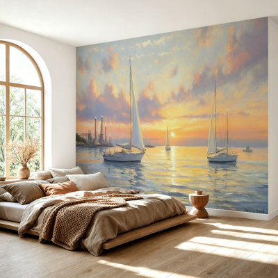 Wall Mural Peel and Stick Wallpaper Famous Oil Paintings Seascape Ocean Sea Beach Pictures Sailboats Self-Adhesive Removable Contact Paper Wall Decor for Living Room Bedroom 69"H x 96"W
