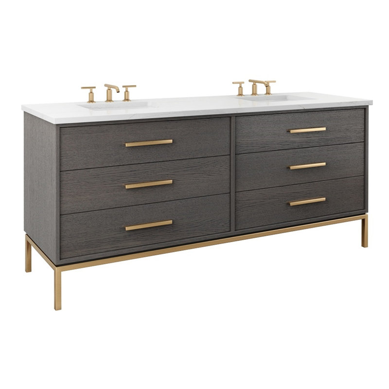 Rift White Oak Double Drawer Bath Vanity, 60", Gray Weathered, Satin Gold