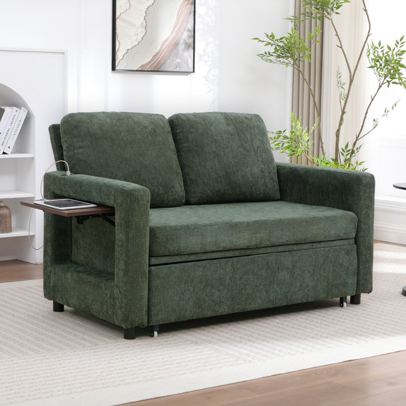 Upholstered Convertible Sleeper Sofa featuring USB Ports and Side Pocket, Dark Green Linen
